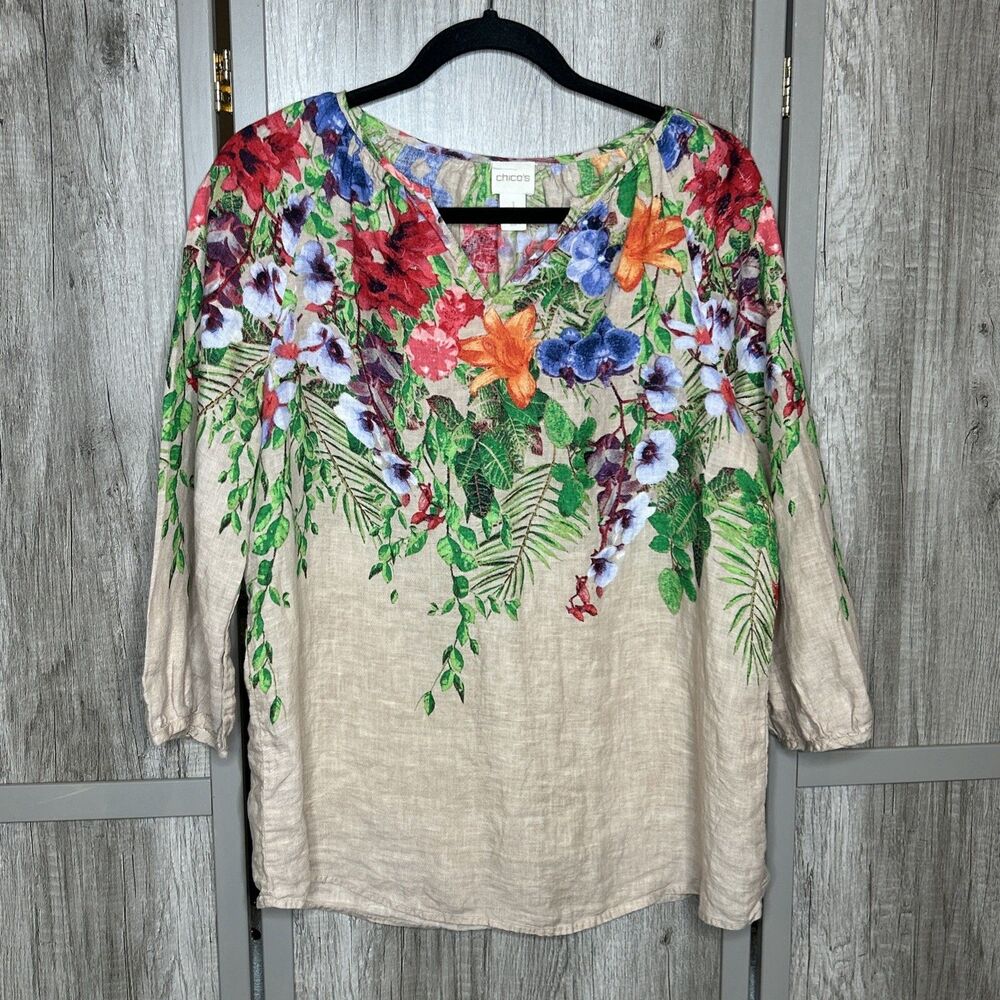 Chico’s Linen Top Size 1 Floral Bohemian Popover Botanical